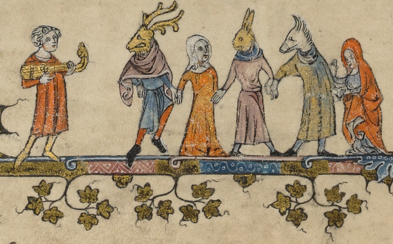 medieval illuminated manuscript showing a deer, a person, a rabbit,, a boar (?) and a woman in a red shawl standing holding hands and looking at a man playing a lyre