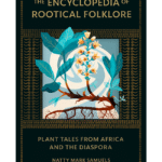 The cover of The Encyclopedia of Rootical Folklore is a very dark green color. In the center is a painting of a plant with a spike of yellow flowers and a prominent reddish root. The words appear in gold and the painting is surrounded by gold decorations.